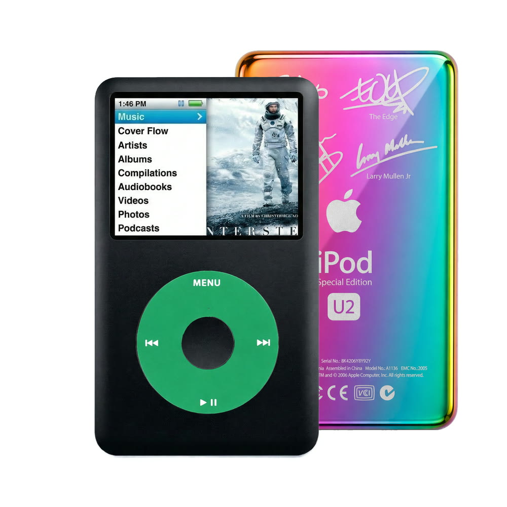Black refurbished iPod Classic 7th Gen with Green click wheel and Rainbow U2 back plate