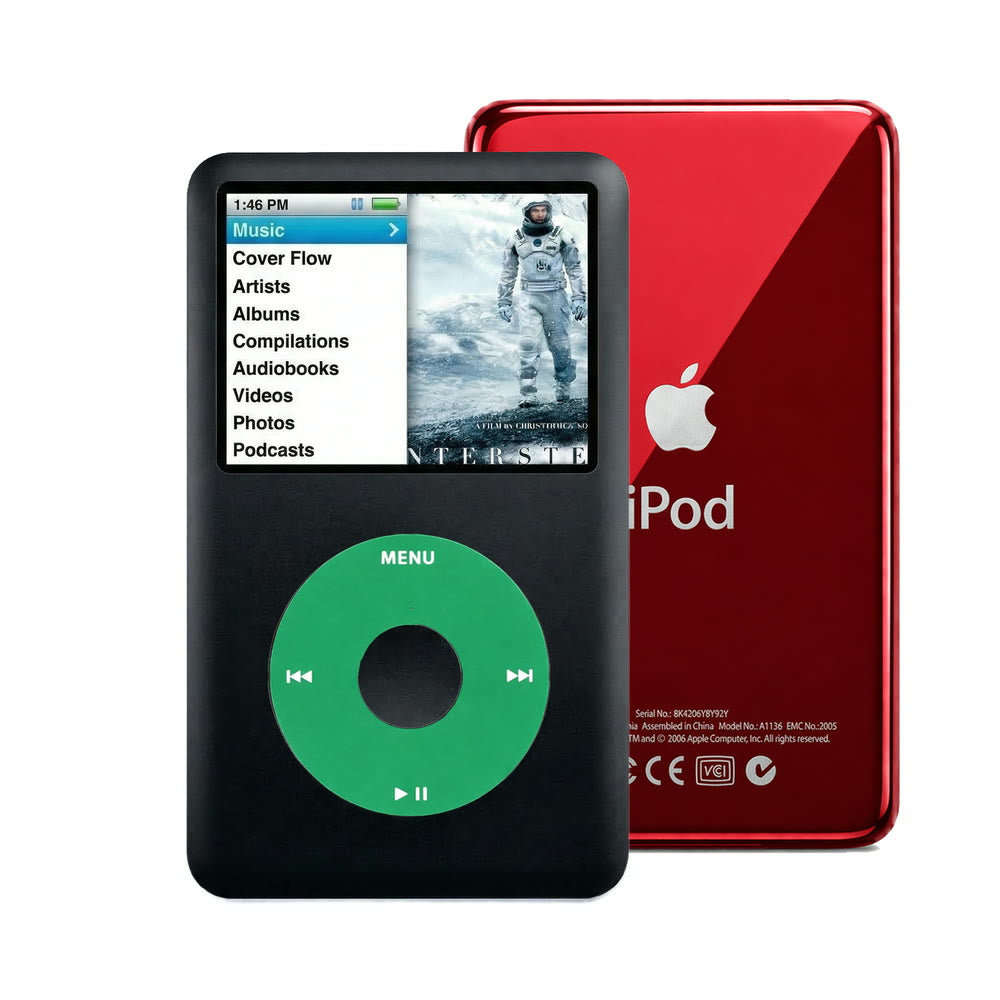 Black refurbished iPod Classic 7th Gen with Green click wheel and Red back plate