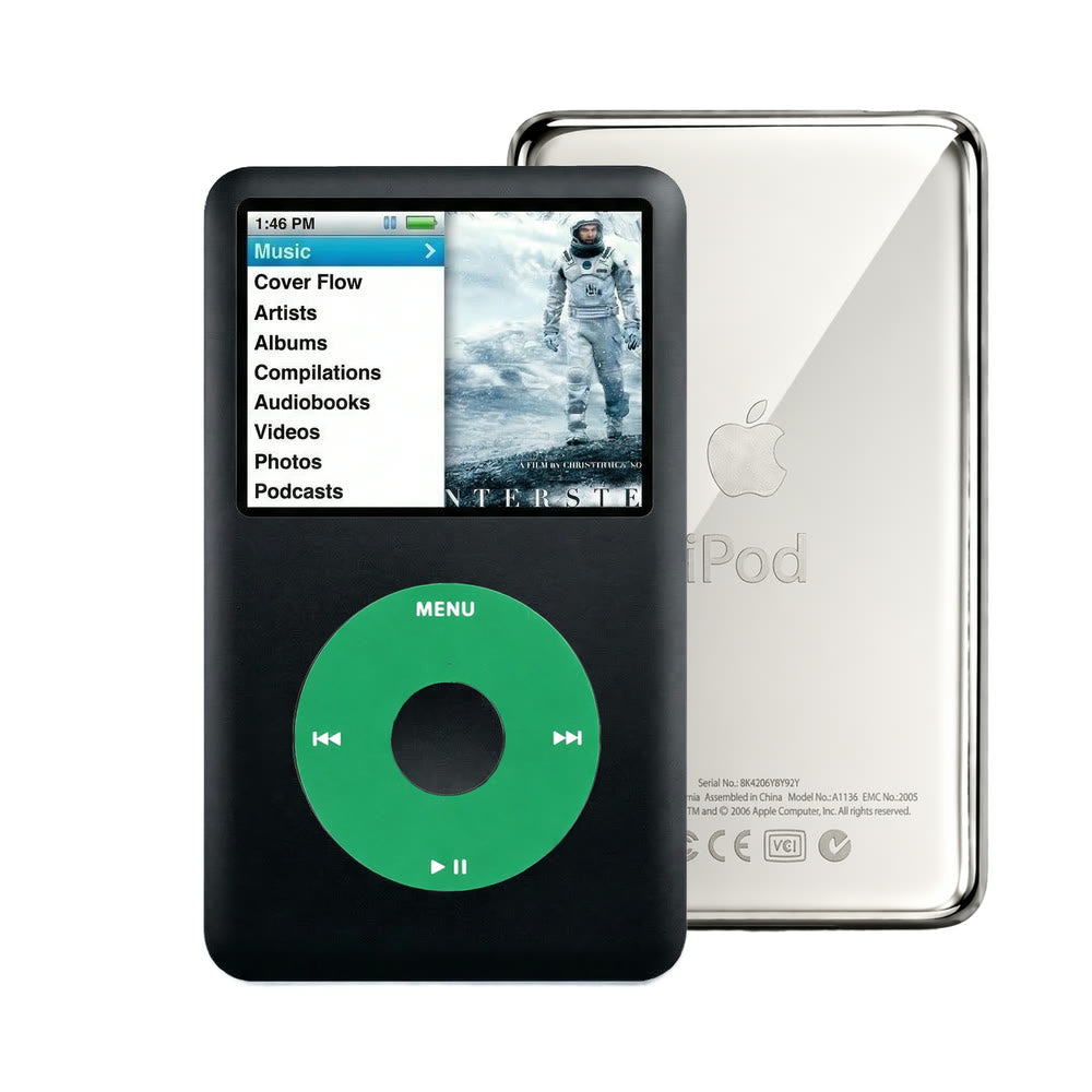 Black refurbished iPod Classic 7th Gen with Green click wheel and Silver back plate