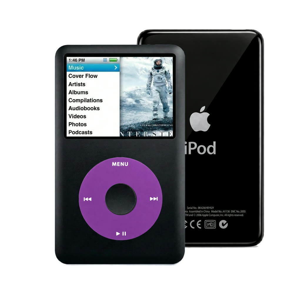 Black refurbished iPod Classic 7th Gen with Purple click wheel and Black back plate