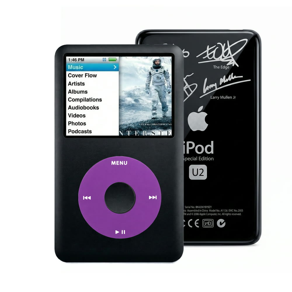 Black refurbished iPod Classic 7th Gen with Purple click wheel and Black U2 back plate