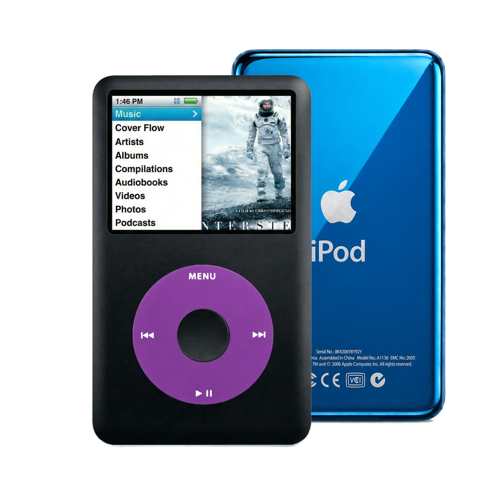 Black refurbished iPod Classic 7th Gen with Purple click wheel and Blue back plate