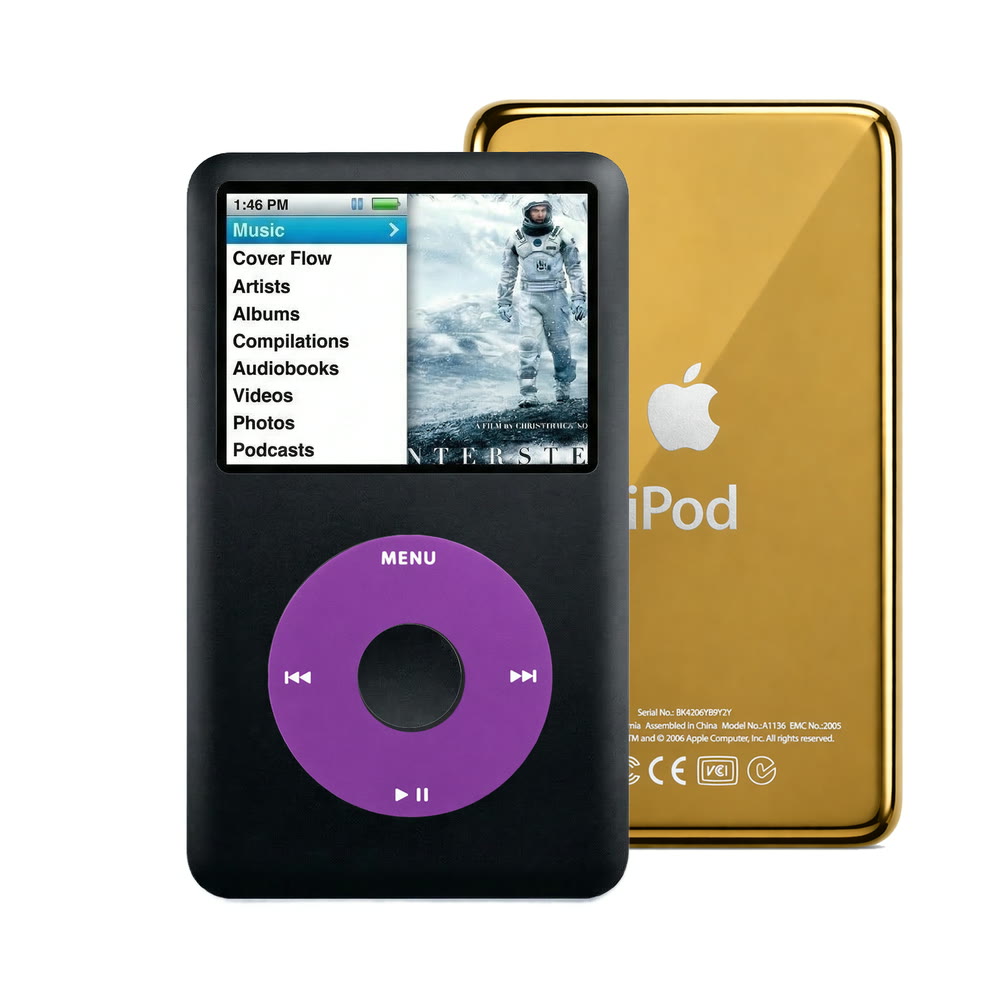 Black refurbished iPod Classic 7th Gen with Purple click wheel and Gold back plate