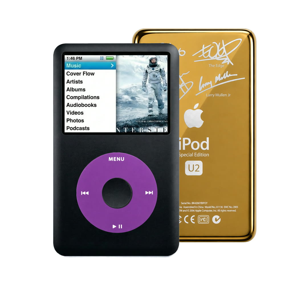 Black refurbished iPod Classic 7th Gen with Purple click wheel and Gold U2 back plate