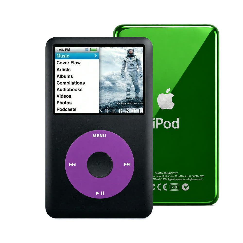 Black refurbished iPod Classic 7th Gen with Purple click wheel and Green back plate