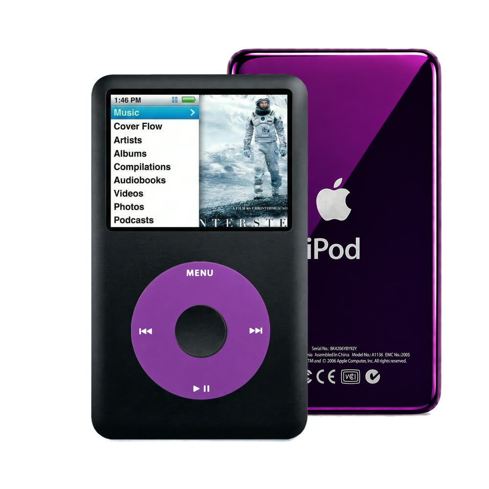 Black refurbished iPod Classic 7th Gen with Purple click wheel and Purple back plate