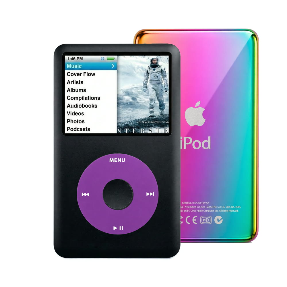 Black refurbished iPod Classic 7th Gen with Purple click wheel and Rainbow back plate