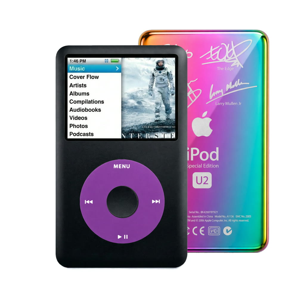 Black refurbished iPod Classic 7th Gen with Purple click wheel and Rainbow U2 back plate