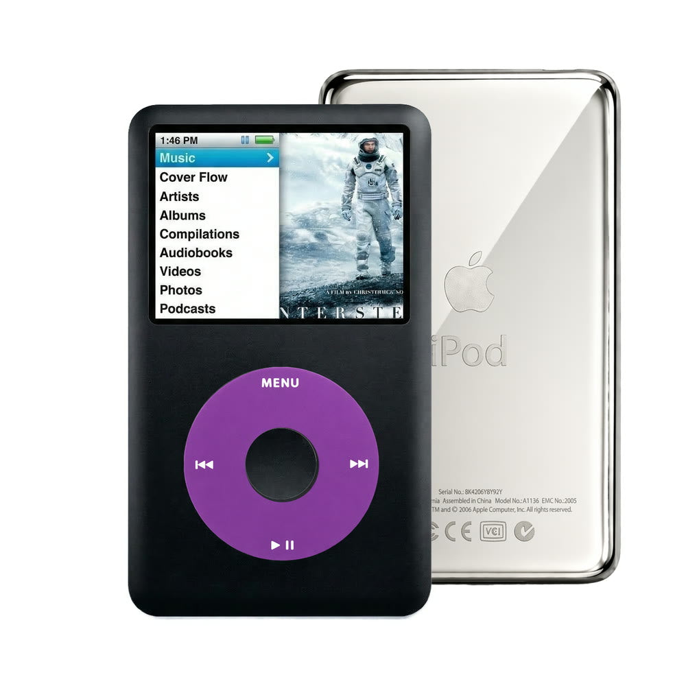 Black refurbished iPod Classic 7th Gen with Purple click wheel and Silver back plate