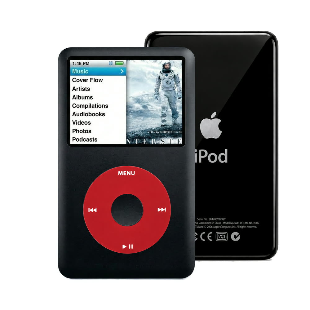 Black refurbished iPod Classic 7th Gen with Red click wheel and Black back plate