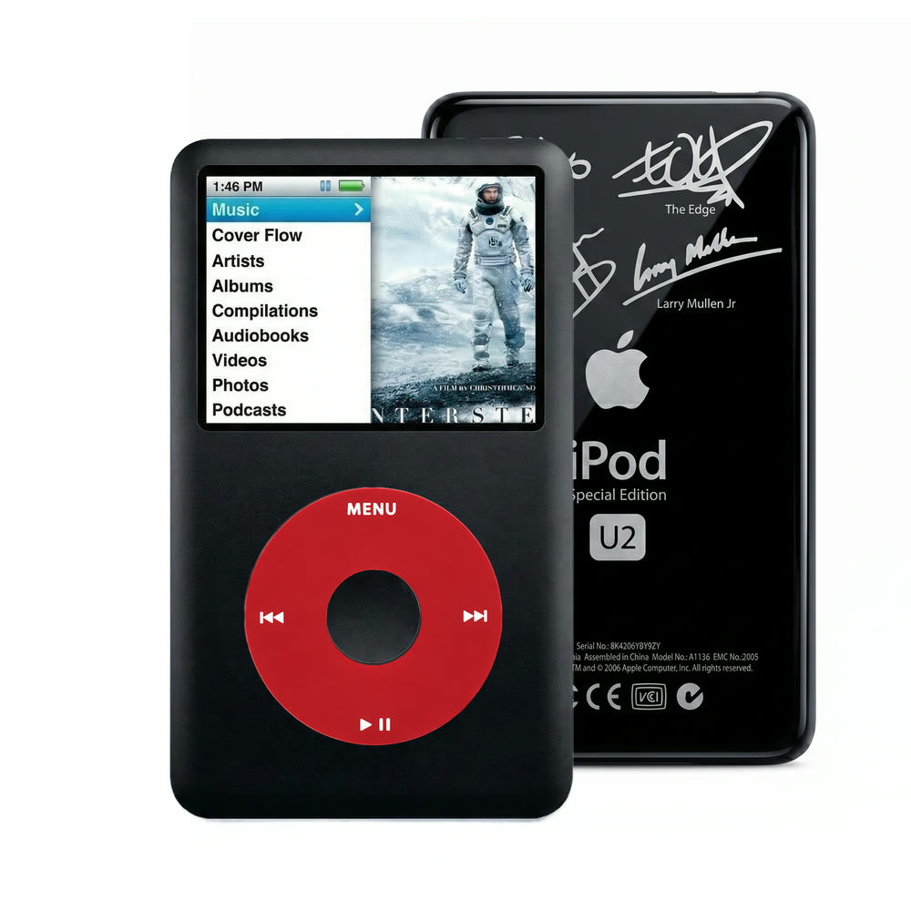 Black refurbished iPod Classic 7th Gen with Red click wheel and Black U2 back plate