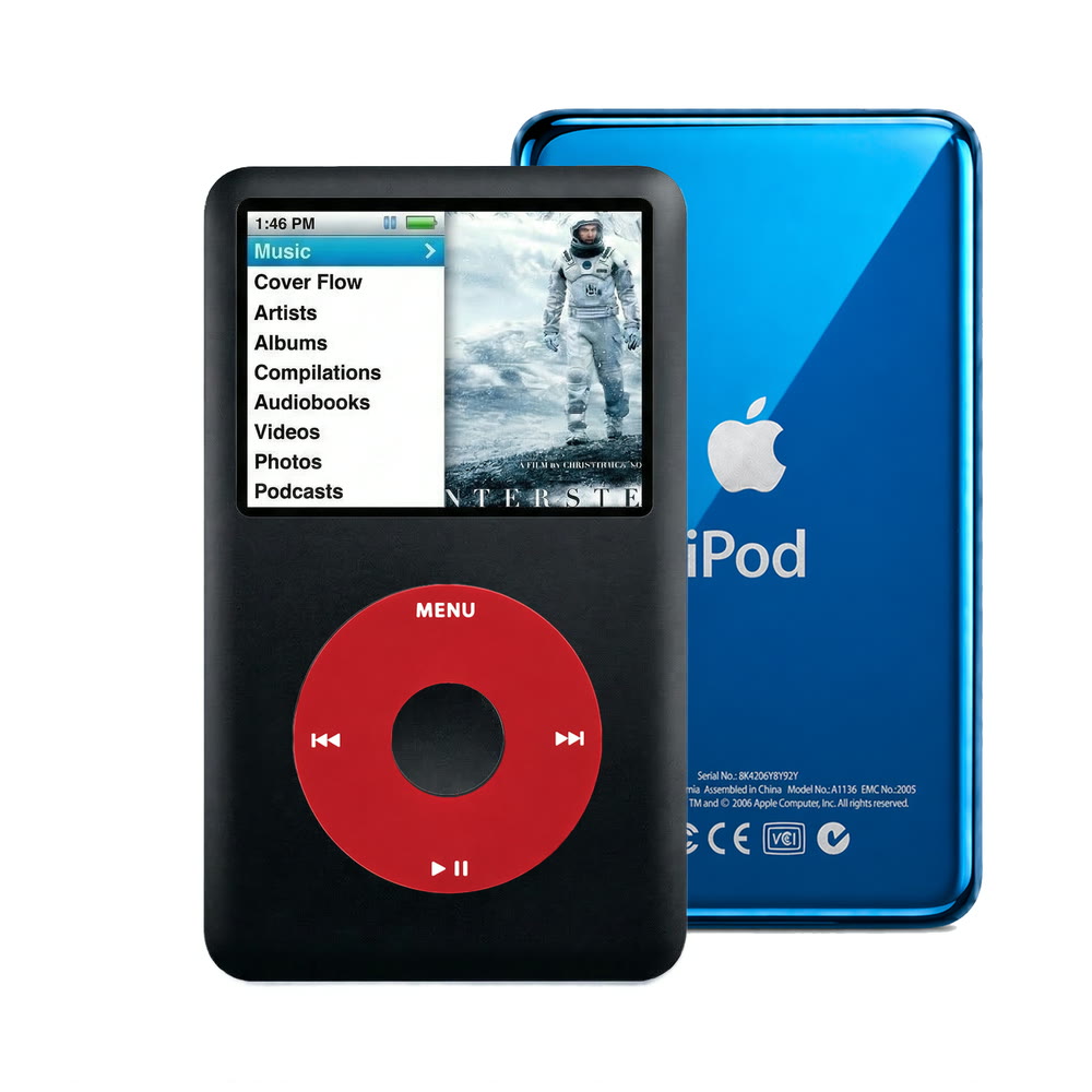 Black refurbished iPod Classic 7th Gen with Red click wheel and Blue back plate