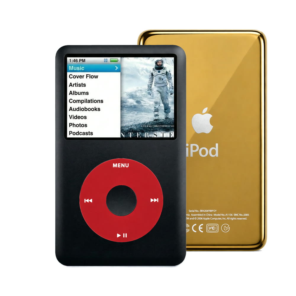 Black refurbished iPod Classic 7th Gen with Red click wheel and Gold back plate