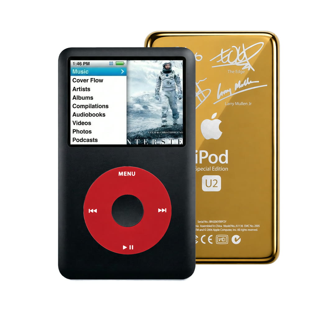 Black refurbished iPod Classic 7th Gen with Red click wheel and Gold U2 back plate