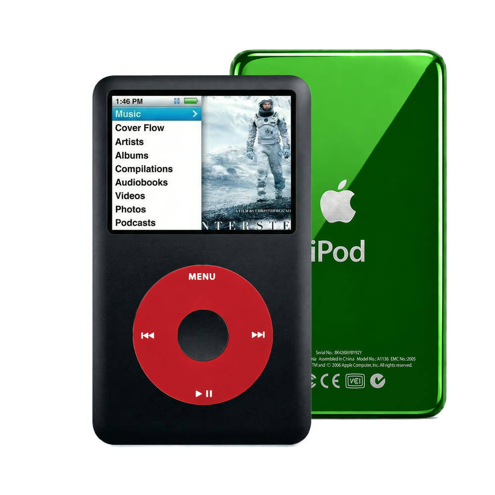 Black refurbished iPod Classic 7th Gen with Red click wheel and Green back plate