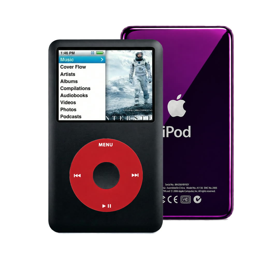 Black refurbished iPod Classic 7th Gen with Red click wheel and Purple back plate