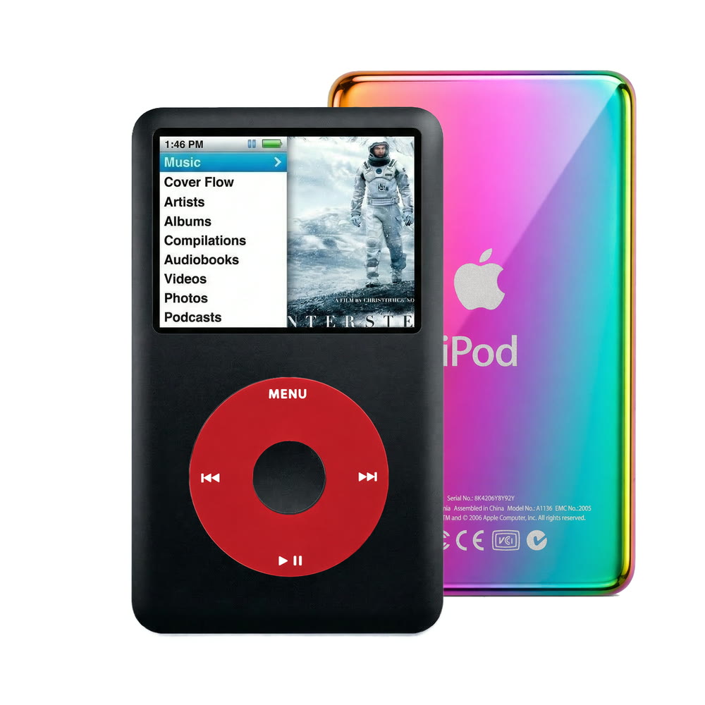 Black refurbished iPod Classic 7th Gen with Red click wheel and Rainbow back plate