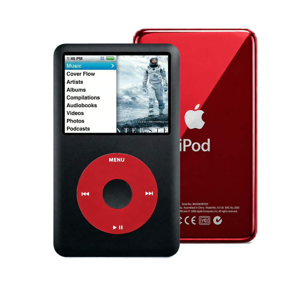Black refurbished iPod Classic 7th Gen with Red click wheel and Red back plate