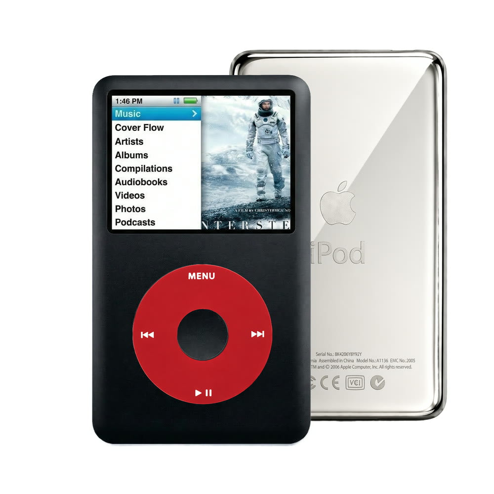 Black refurbished iPod Classic 7th Gen with Red click wheel and Silver back plate