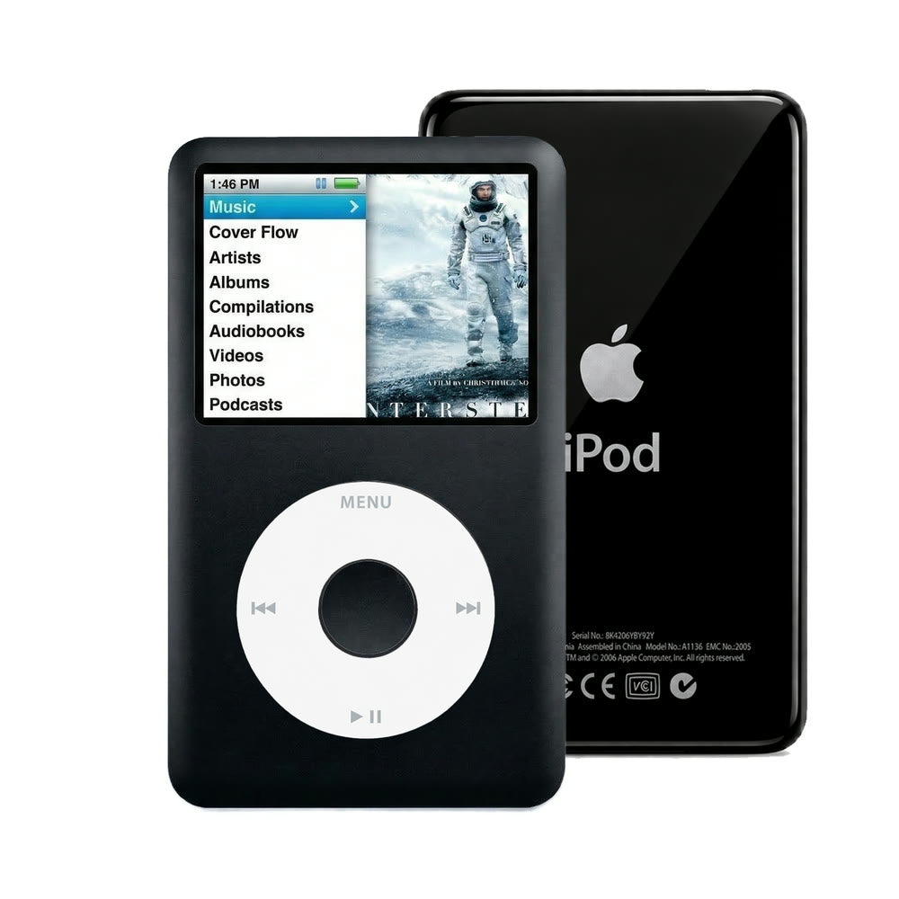Black refurbished iPod Classic 7th Gen with White click wheel and Black back plate