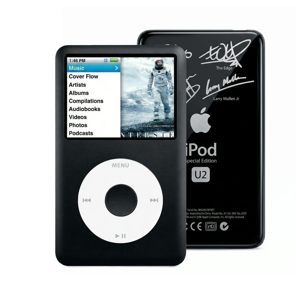Black refurbished iPod Classic 7th Gen with White click wheel and Black U2 back plate