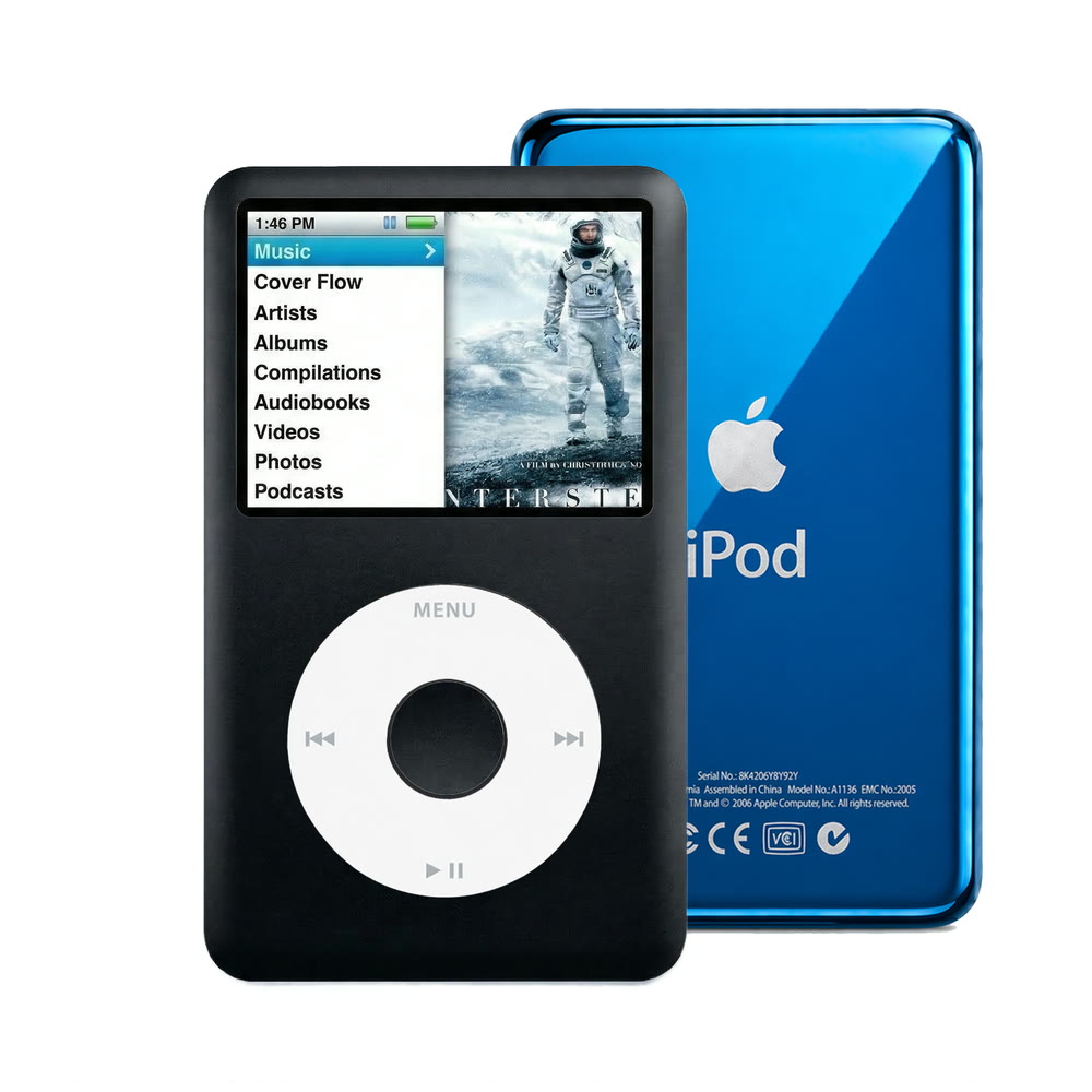 Black refurbished iPod Classic 7th Gen with White click wheel and Blue back plate