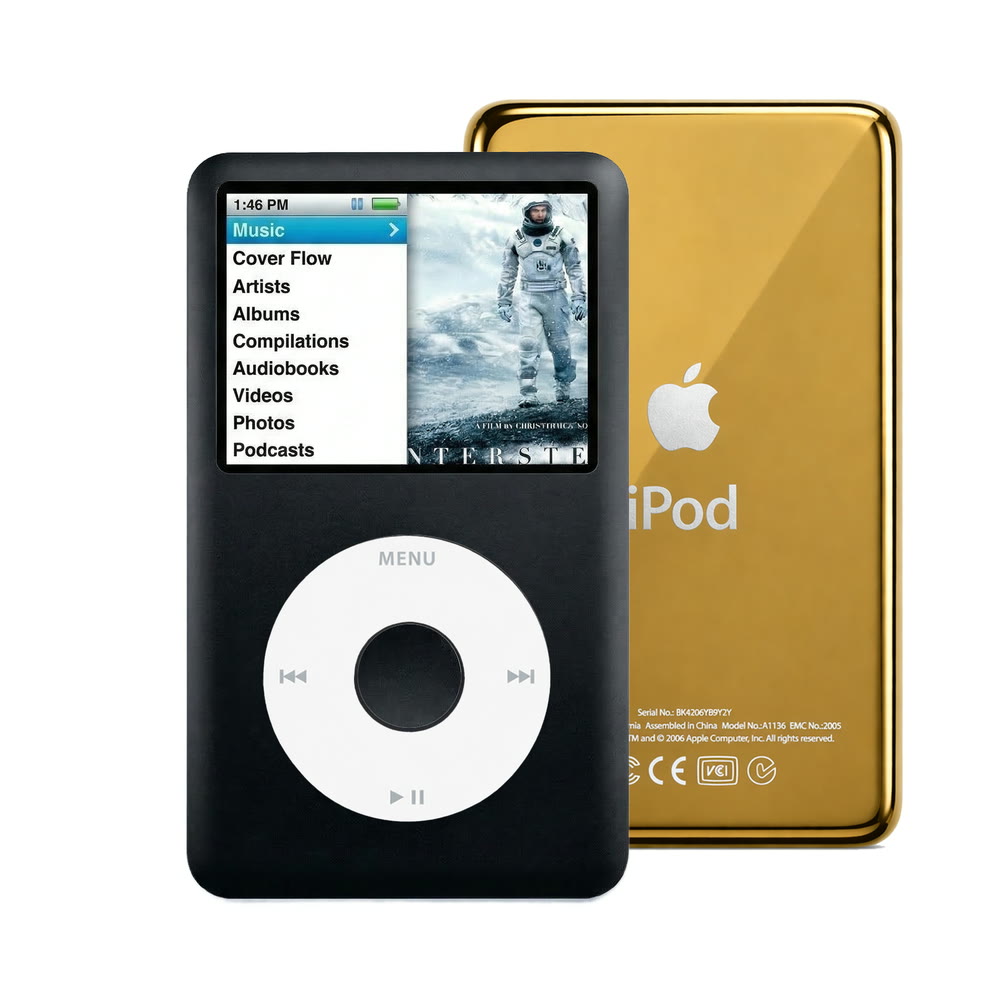 Black refurbished iPod Classic 7th Gen with White click wheel and Gold back plate
