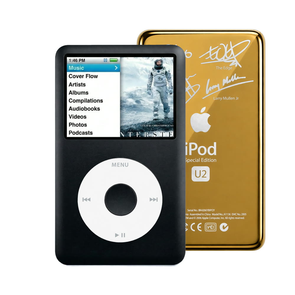 Black refurbished iPod Classic 7th Gen with White click wheel and Gold U2 back plate