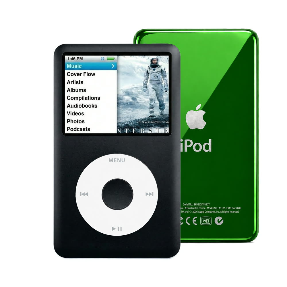 Black refurbished iPod Classic 7th Gen with White click wheel and Green back plate