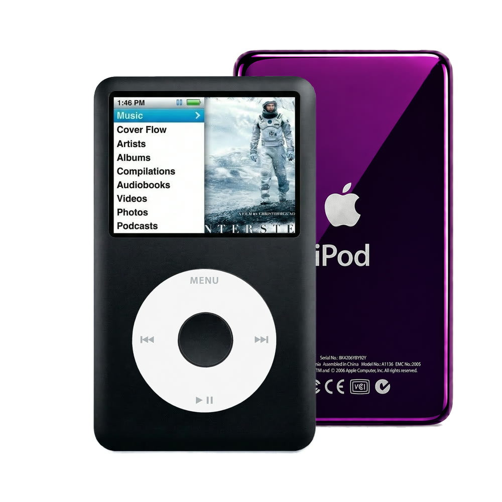 Black refurbished iPod Classic 7th Gen with White click wheel and Purple back plate