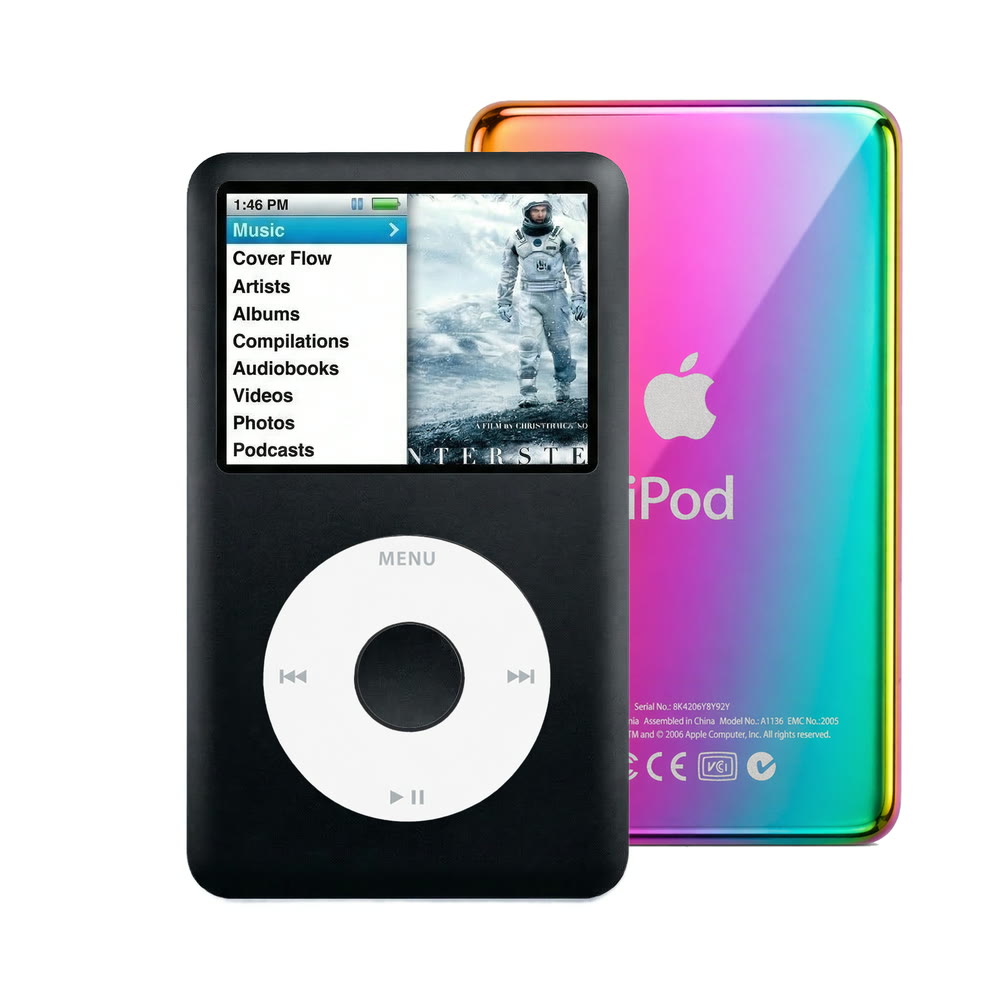 Black refurbished iPod Classic 7th Gen with White click wheel and Rainbow back plate
