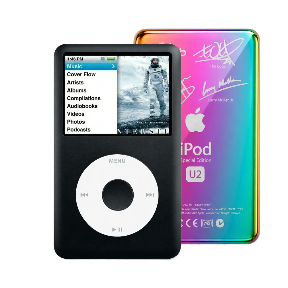 Black refurbished iPod Classic 7th Gen with White click wheel and Rainbow U2 back plate