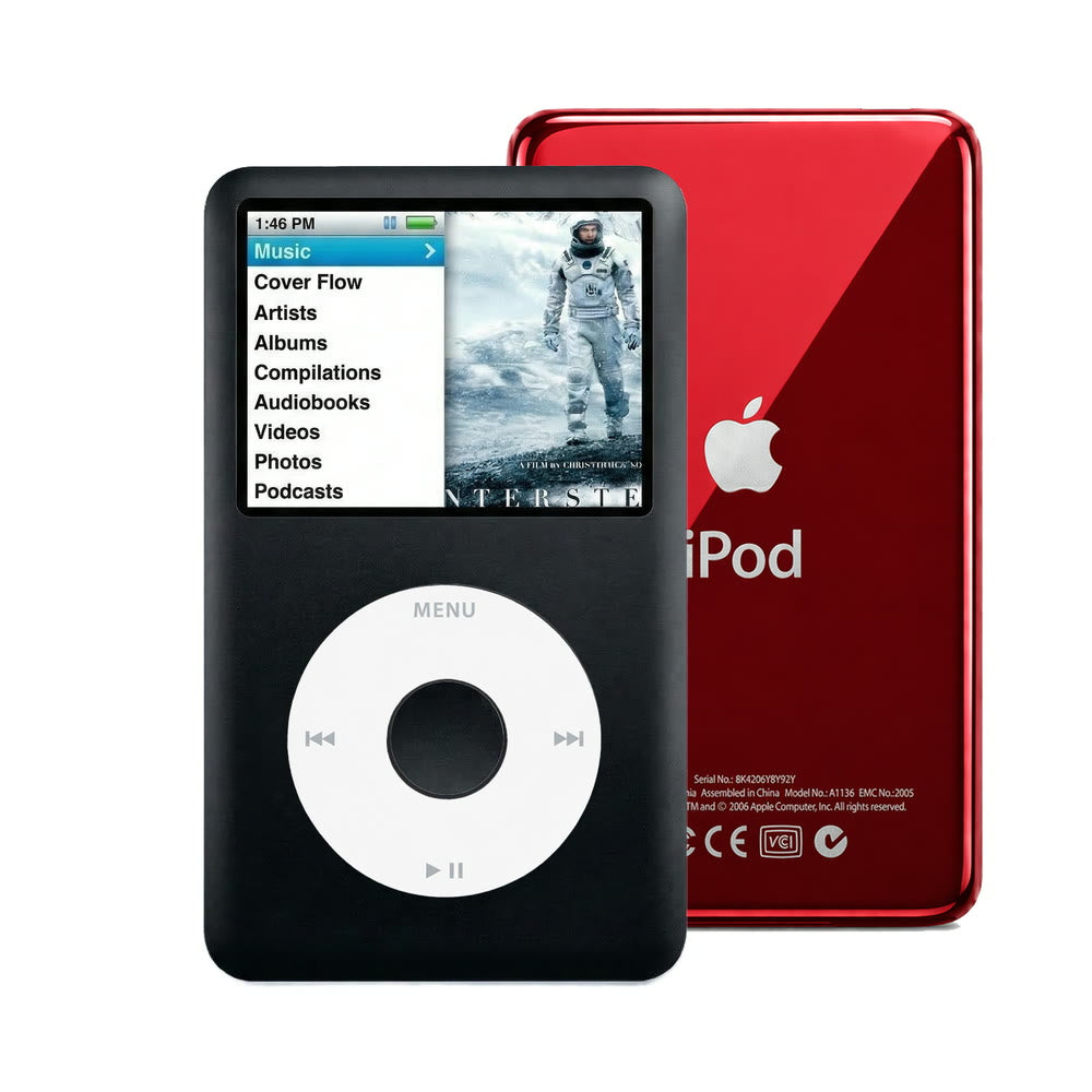 Black refurbished iPod Classic 7th Gen with White click wheel and Red back plate