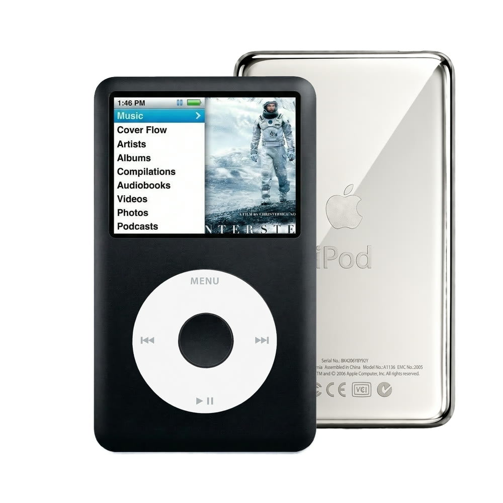 Black refurbished iPod Classic 7th Gen with White click wheel and Silver back plate
