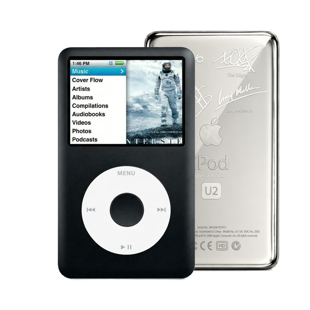 Black refurbished iPod Classic 7th Gen with White click wheel and Silver U2 back plate