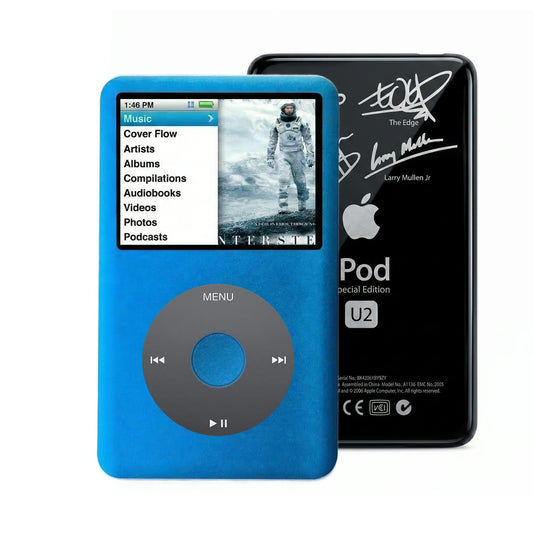 Blue refurbished iPod Classic 7th Gen with Black click wheel and Black U2 back plate