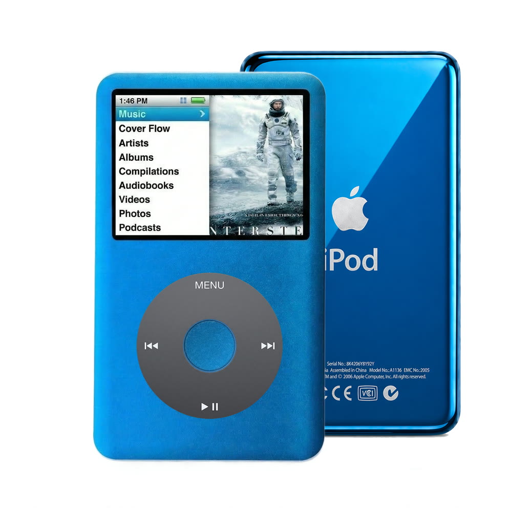 Blue refurbished iPod Classic 7th Gen with Black click wheel and Blue back plate