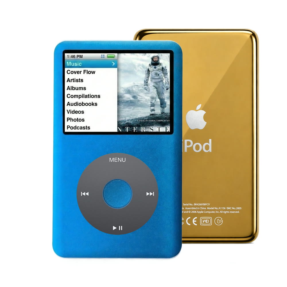 Blue refurbished iPod Classic 7th Gen with Black click wheel and Gold back plate