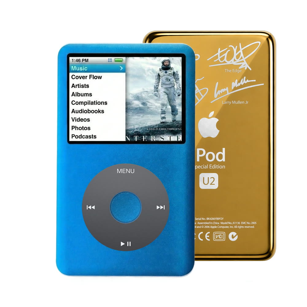 Blue refurbished iPod Classic 7th Gen with Black click wheel and Gold U2 back plate