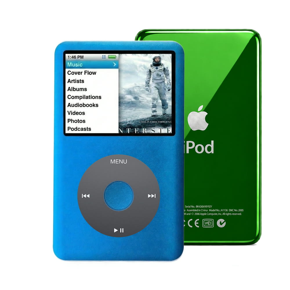 Blue refurbished iPod Classic 7th Gen with Black click wheel and Green back plate