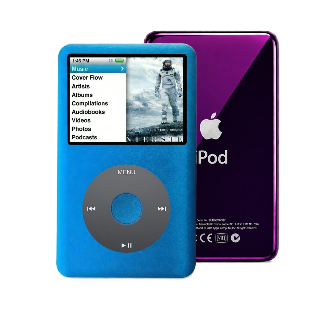 Blue refurbished iPod Classic 7th Gen with Black click wheel and Purple back plate