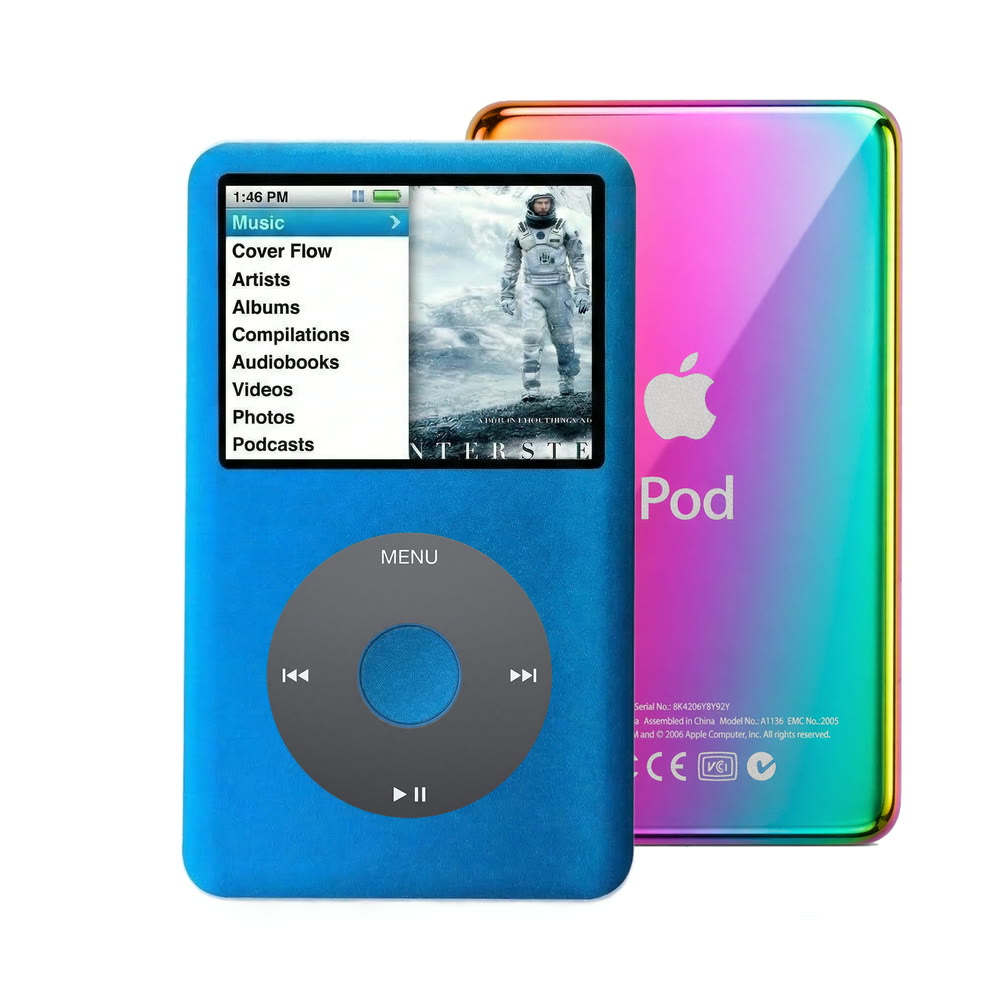 Blue refurbished iPod Classic 7th Gen with Black click wheel and Rainbow back plate
