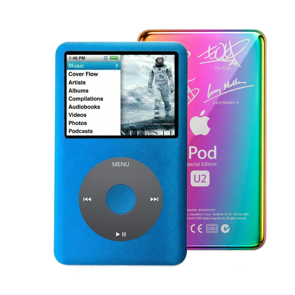 Blue refurbished iPod Classic 7th Gen with Black click wheel and Rainbow U2 back plate