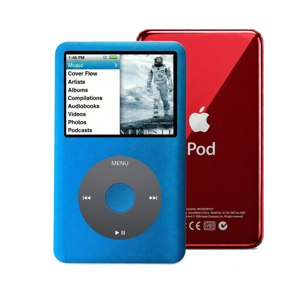 Blue refurbished iPod Classic 7th Gen with Black click wheel and Red back plate