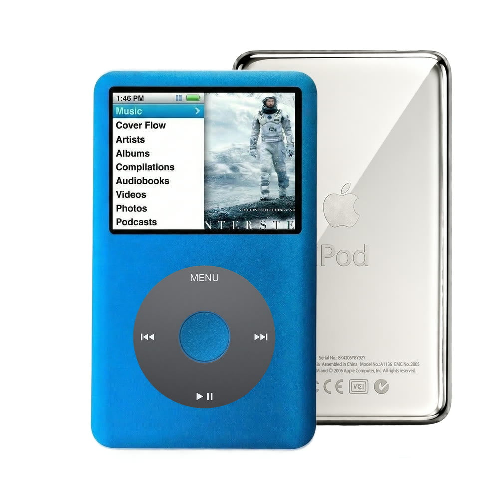 Blue refurbished iPod Classic 7th Gen with Black click wheel and Silver back plate