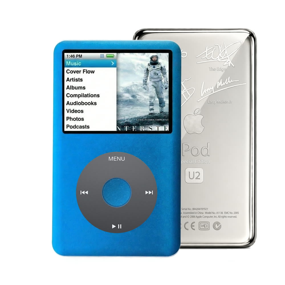 Blue refurbished iPod Classic 7th Gen with Black click wheel and Silver U2 back plate