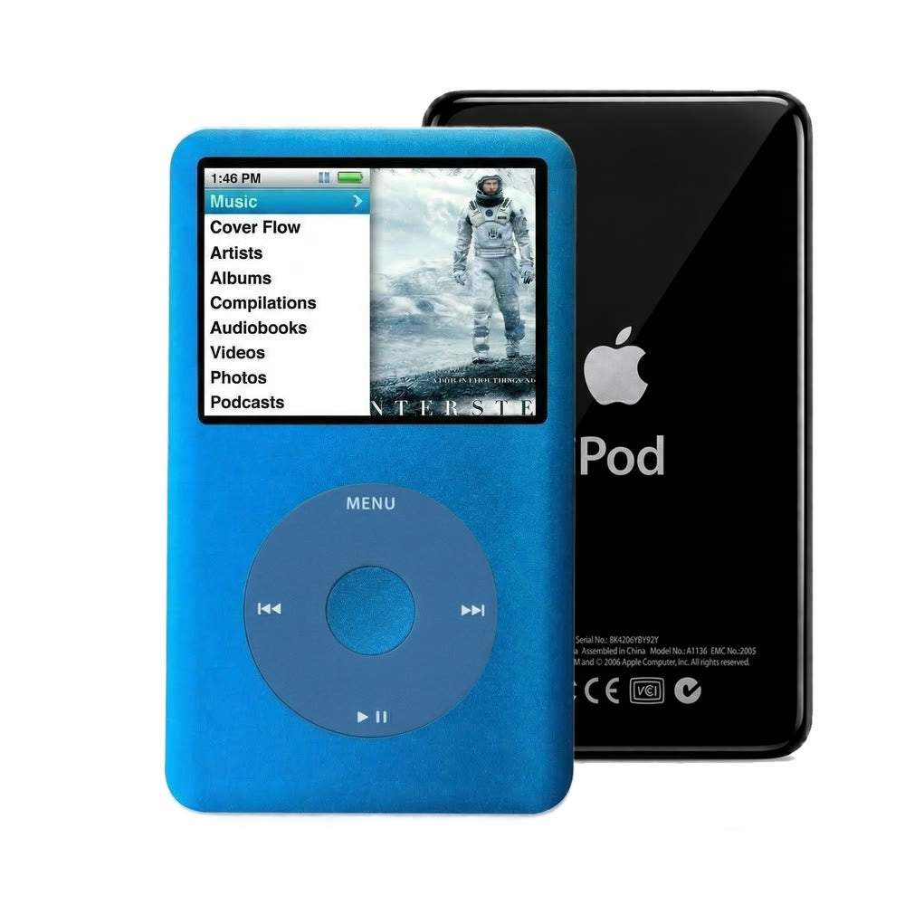 Blue refurbished iPod Classic 7th Gen with Blue click wheel and Black back plate