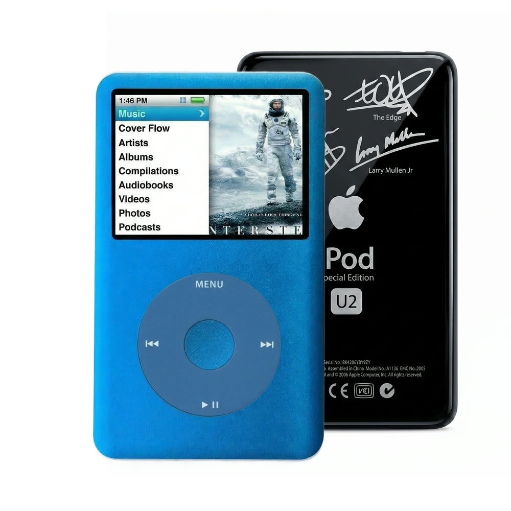 Blue refurbished iPod Classic 7th Gen with Blue click wheel and Black U2 back plate