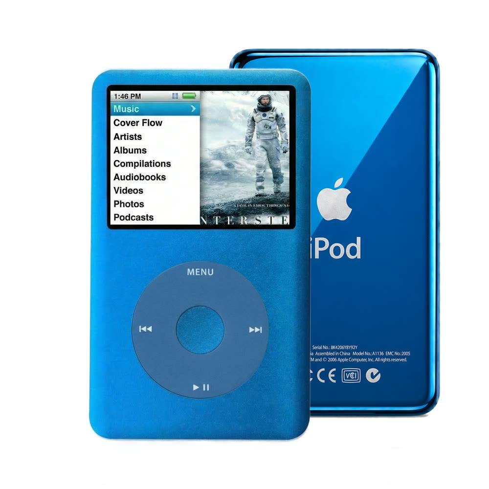 Blue refurbished iPod Classic 7th Gen with Blue click wheel and Blue back plate