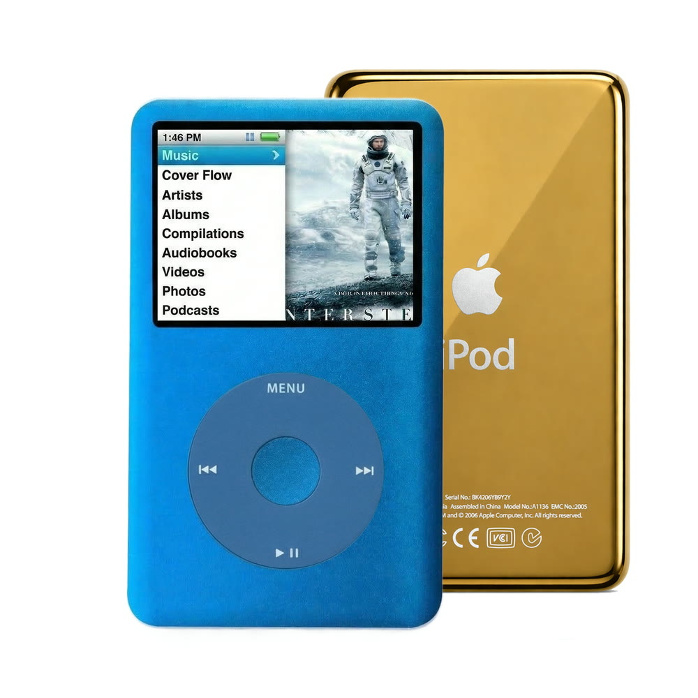 Blue refurbished iPod Classic 7th Gen with Blue click wheel and Gold back plate